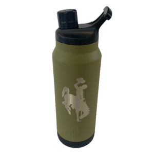 34 oz, stainless steel water bottle in olive green. large bucking horse etched on front of bottle. magnetic twist top lid