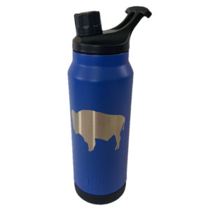 34 oz, stainless steel water bottle in royal blue. large buffalo etched on front of bottle. magnetic twist top lid
