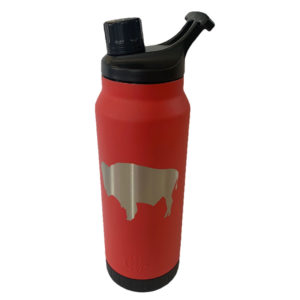 34 oz, stainless steel water bottle in red. large buffalo etched on front of bottle. magnetic twist top lid