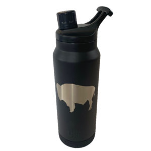 34 oz, stainless steel water bottle in black. large buffalo etched on front of bottle. magnetic twist top lid