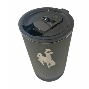 tumbler mode with plastic lid view of 12 oz, multi use tumbler. grey stainless steel with bucking horse etched on front of tumbler.