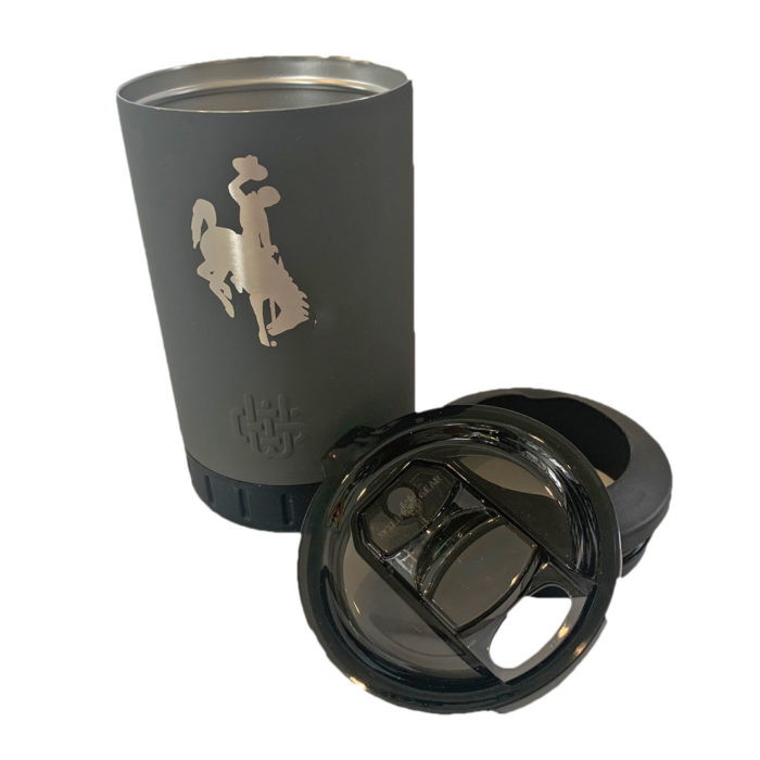 12 oz, multi use tumbler. comes with leakproof plastic lid, and can cooler lid. grey stainless steel with bucking horse etched on front of tumbler.