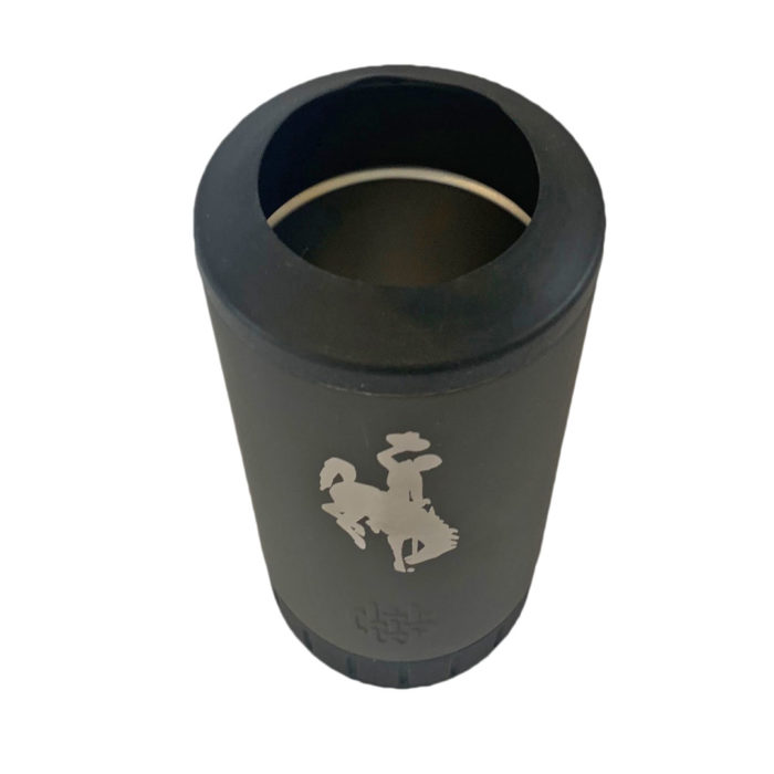 can cooler mode of 12 oz, multi use tumbler. grey stainless steel with bucking horse etched on front of tumbler.