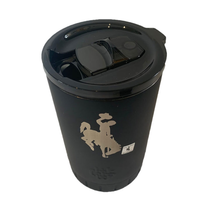 tumbler mode with plastic lid view of 12 oz, multi use tumbler. black stainless steel with bucking horse etched on front of tumbler.