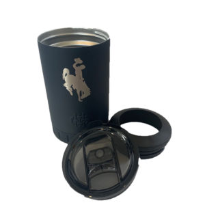 12 oz, multi use tumbler. comes with leakproof plastic lid, and can cooler lid. black stainless steel with bucking horse etched on front of tumbler.