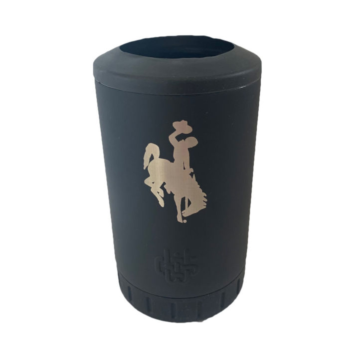 can cooler mode of 12 oz, multi use tumbler. black stainless steel with bucking horse etched on front of tumbler.