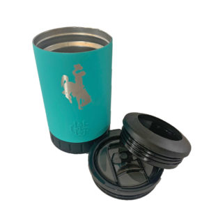 12 oz, multi use tumbler. comes with leakproof plastic lid, and can cooler lid. teal stainless steel with bucking horse etched on front of tumbler