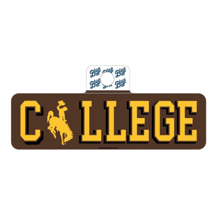 rectangular decal with brown background. Word College printed in gold with bucking horse in place of the letter O