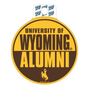 circular brown and gold decal. Slogan University of Wyoming Alumni printed on decal