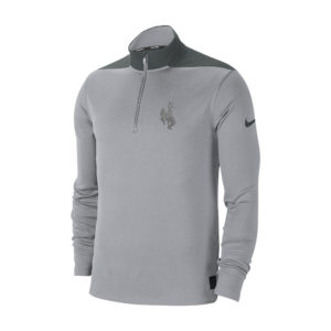 Nike brand, 1/4 zip jacket. two tone style, dark grey on top, light grey on bottom. tonal grey bucking horse embroidered on left chest