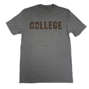 grey, tri blend short sleeved tee. word College printed in block font in brown on front center of tee. bucking horse cut out of the letter O.
