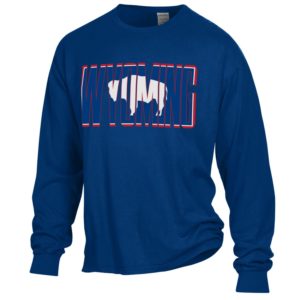 navy long sleeved tee. Word Wyoming printed on front with Wyoming state flag print inside the letters