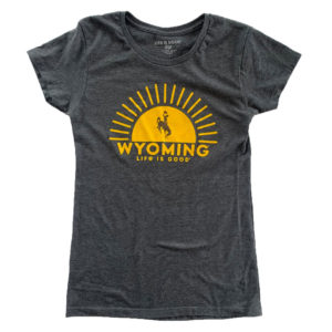 women's tri blend, crew neck line, short sleeved tee. gold sun ray design on front with word Wyoming through the middle