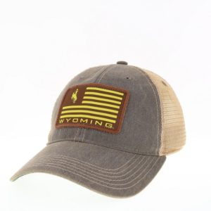 unstructured, adjustable grey distressed hat. Tan mesh back. Brown and gold American flag patch sewn on front of hat