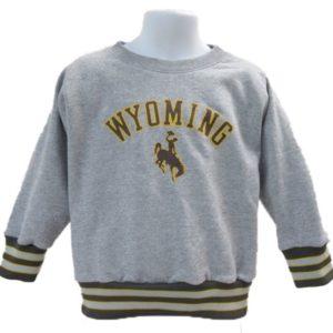 grey, infant crewneck sweatshirt. brown striped banded bottom and sleeves. Arched word Wyoming with bucking horse below printed in gold