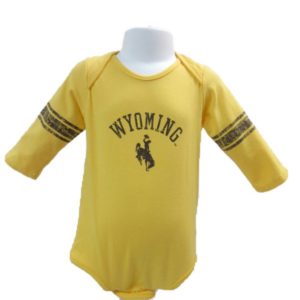 long sleeve, infant gold onesie. brown stripe on either sleeve. Word Wyoming and bucking horse printed in brown on front
