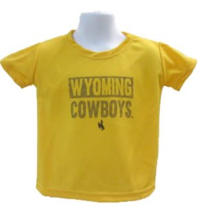 athletic gold, infant short sleeved tee. Slogan Wyoming Cowboys and bucking horse printed in brown on front