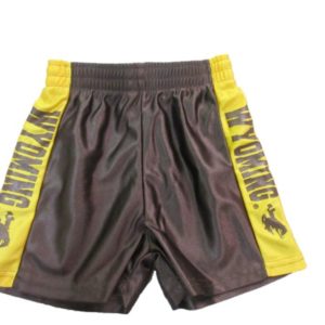 brown infant athletic shorts. gold stripe down either side of short with word Wyoming printed down the side