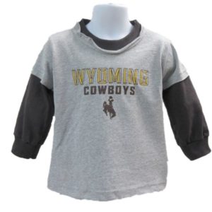 long sleeved, infant tee. grey body with brown sleeves. Slogan Wyoming Cowboys and bucking horse printed on the front in brown and gold