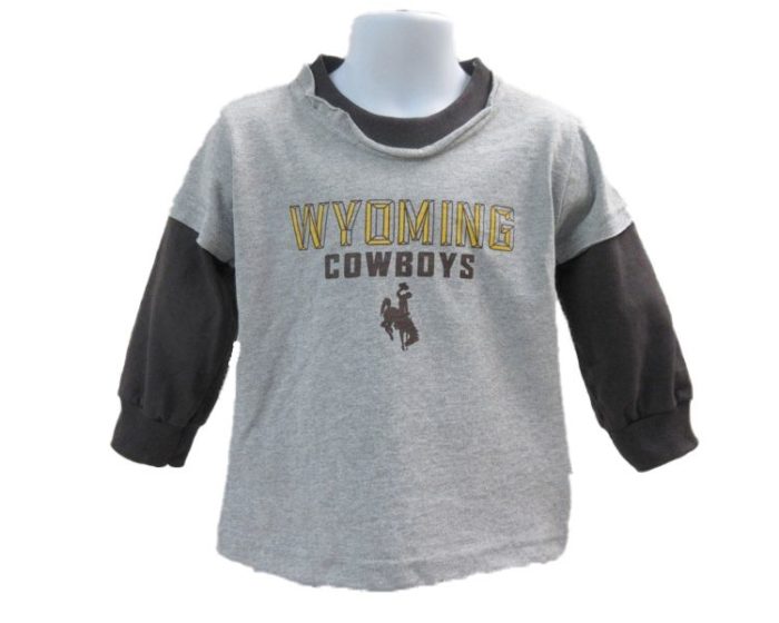 long sleeved, infant tee. grey body with brown sleeves. Slogan Wyoming Cowboys and bucking horse printed on the front in brown and gold