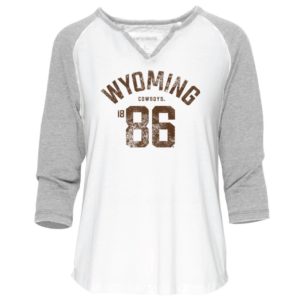 women's 3/4 length sleeve tee. White body with grey sleeves. brown Wyoming design printed on front of tee