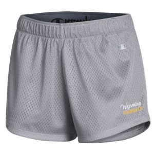 grey mesh, women's athletic shorts. Slogan Wyoming Cowboys printed on left bottom of short in gold and white