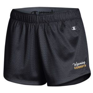 black mesh, women's athletic shorts. Slogan Wyoming Cowboys printed on left bottom of short in gold and white