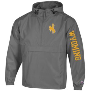 grey, lightweight packable jacket. large front pocket, and hood. gold bucking horse printed on left chest, word Wyoming printed in gold down left sleeve