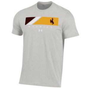under armour brand short sleeved tee. Silver heather color with rectangular design in brown and gold. brown bucking horse printed inside design