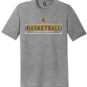 grey, tri blend short sleeved tee. Wyoming Basketball design printed on front in brown, gold, and white