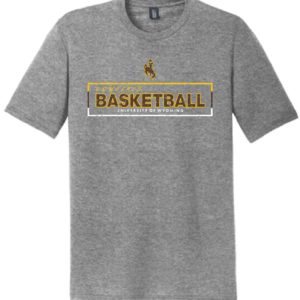 grey, tri blend short sleeved tee. Wyoming Cowgirls Basketball design printed on front in brown, gold, and white