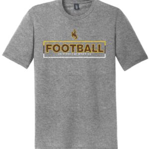 grey, tri blend short sleeved tee. Wyoming Cowboy football design printed on front in brown, gold, and white