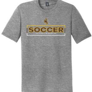grey, tri blend short sleeved tee. Wyoming Cowgirls Soccer design printed on front in brown, gold, and white