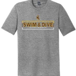 grey, tri blend short sleeved tee. Wyoming Swim and Dive design printed on front in brown, gold, and white