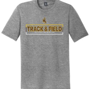 grey, tri blend short sleeved tee. Wyoming track and field design printed on front in brown, gold, and white