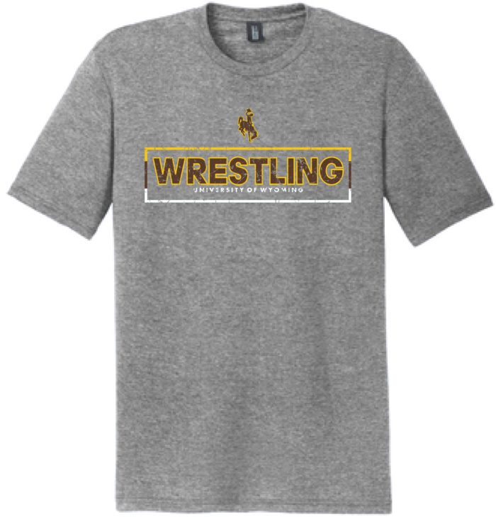 grey, tri blend short sleeved tee. Wyoming Cowboy wrestling design printed on front in brown, gold, and white