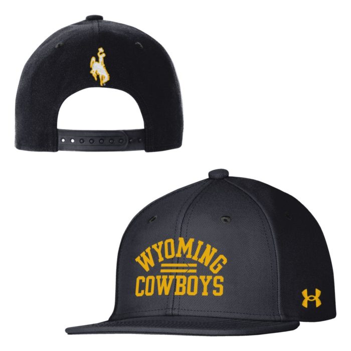black Under Armour youth adjustable hat. Slogan Wyoming Cowboys embroidered in gold on front of hat. back of hat has bucking horse on top of closure