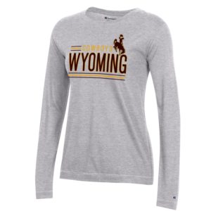 Women’s grey long sleeved v-neck tee. Word Wyoming printed largely on front in brown. Word Cowboys printed in gold above