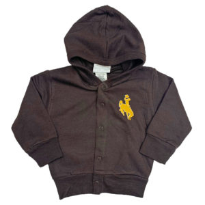 infant, brown hooded sweatshirt. button closures up the front of hood. gold bucking horse printed in left chest