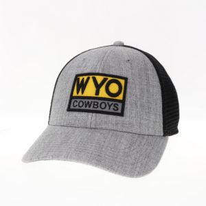 structured, low profile, snapback hat. Grey body with black mesh back. Gold fabric patch with WYO and word cowboys sewn on front of hat