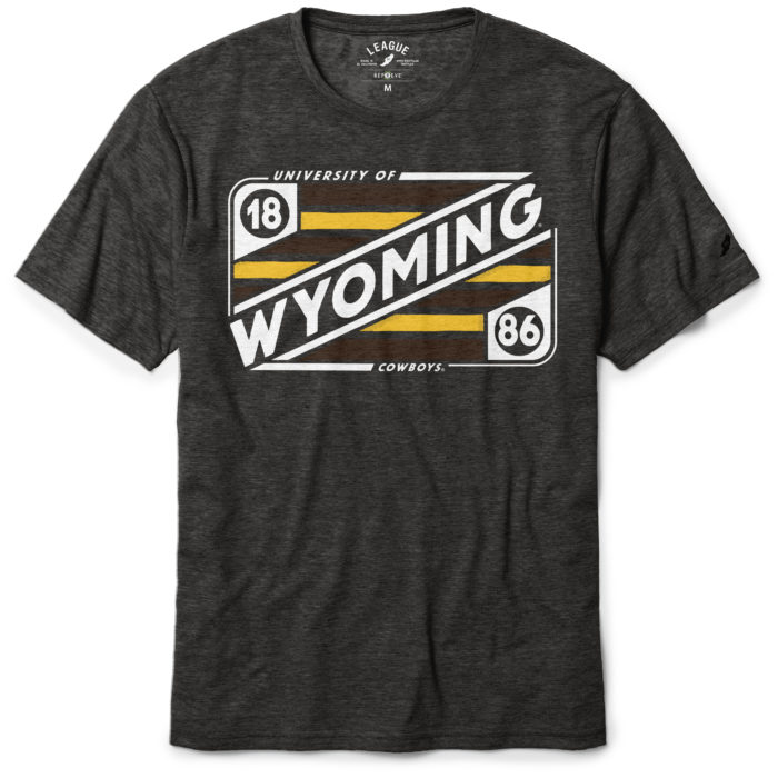 black heathered short sleeved tee. Rectangular brown and gold striped design with word Wyoming printed in white on front of tee