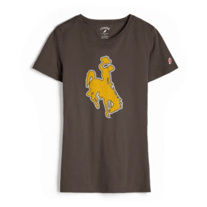 Women’s scoop necked, short sleeved tee. Brown with large gold bucking horse printed on front of tee