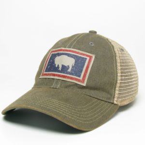 washed grey adjustable, unstructured hat with tan mesh back that has a Wyoming state flag distressed fabric patch on the front