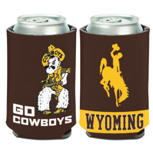 brown, neoprene can cooler. Pistol Pete logo on one side, bucking horse with word Wyoming printed below on other side