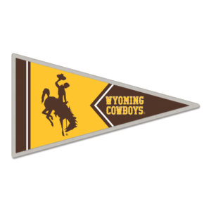 brown and gold pennant shaped metal pin. Bucking horse and words Wyoming Cowboys printed on pin