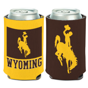 brown and gold neoprene can cooler. Bucking horse logo on one side, bucking horse with word Wyoming printed below on other side