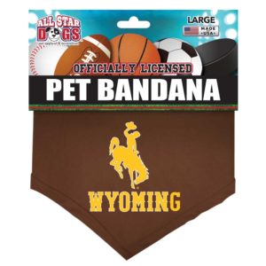 sized, fabric dog bandana in brown. Word Wyoming with bucking horse below embroidered in gold on front of bandana. velcro closure in back