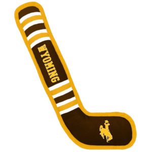 hockey stick shaped, fabric dog toy. Brown with gold trim, with bucking horse and word Wyoming printed on toy