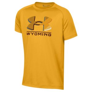 gold Under Armour, youth short sleeved tee. Large Under Armour logo and word Wyoming printed in brown and white on front of tee
