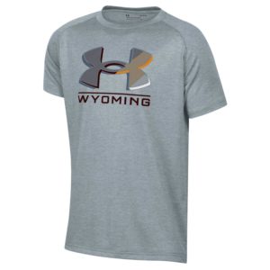 grey Under Armour, youth short sleeved tee. Large Under Armour logo and word Wyoming printed in gold and white on front of tee